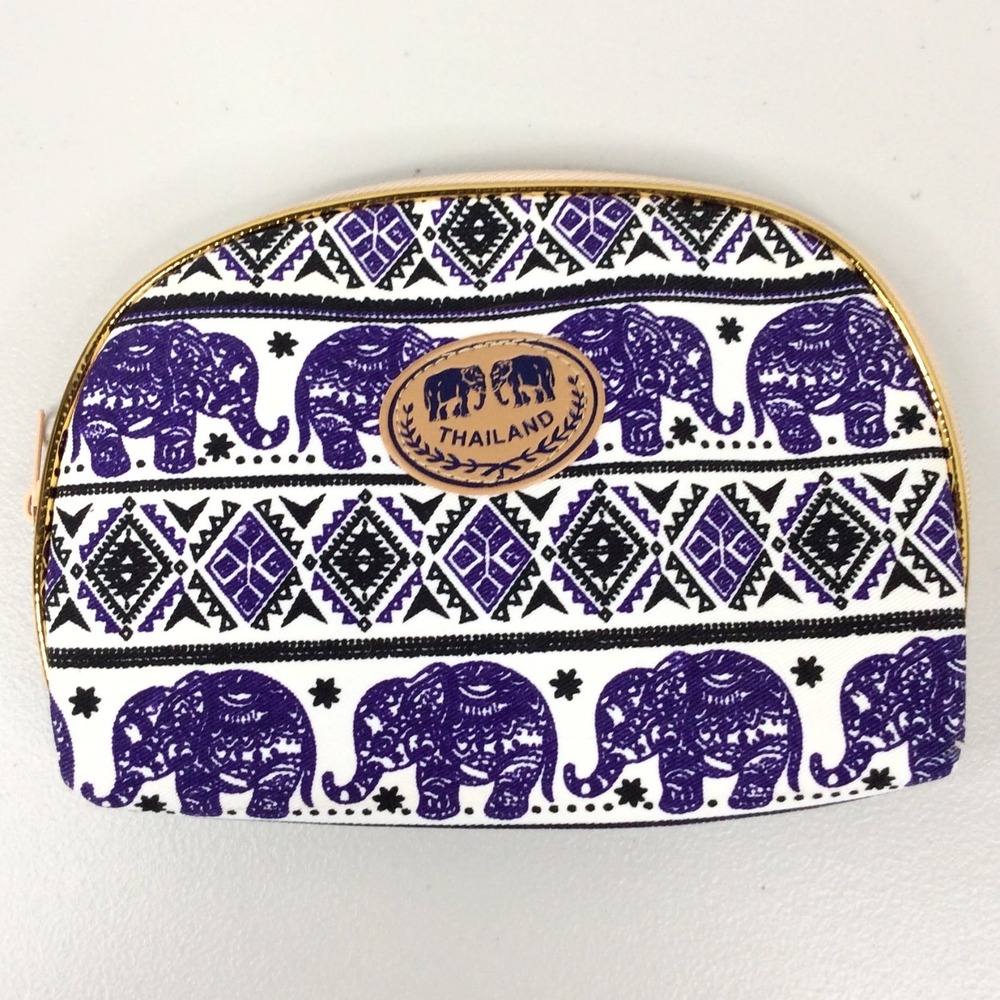 Women's Thailand Elephants Cosmetic Bag Case Zip Purple Black